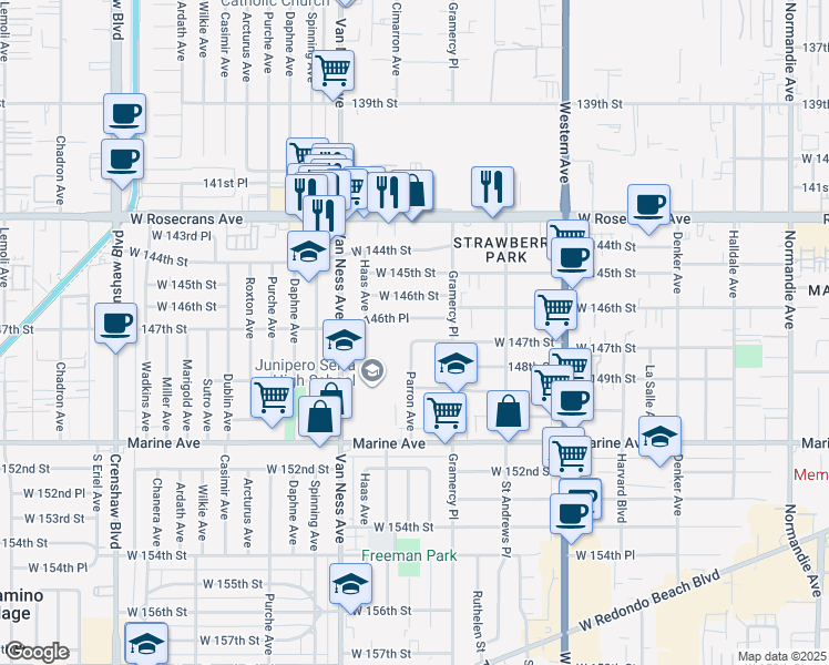 map of restaurants, bars, coffee shops, grocery stores, and more near 2054 West 146th Place in Gardena
