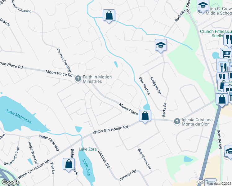 map of restaurants, bars, coffee shops, grocery stores, and more near 1915 Milfield Circle in Snellville