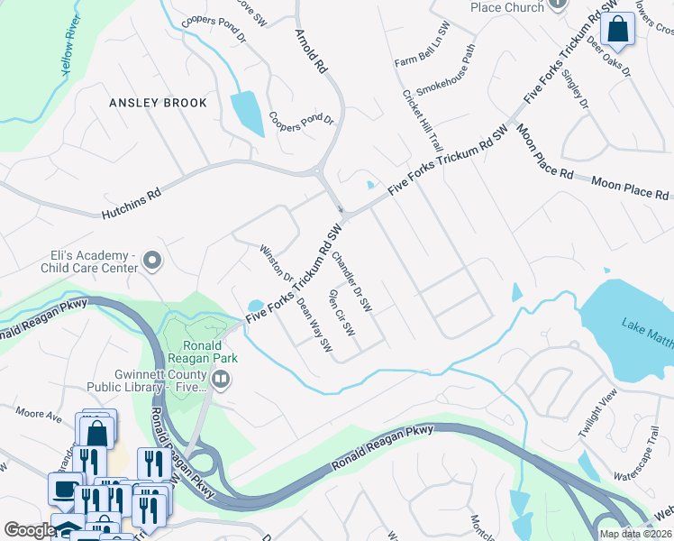 map of restaurants, bars, coffee shops, grocery stores, and more near 705 Chandler Drive Southwest in Lawrenceville