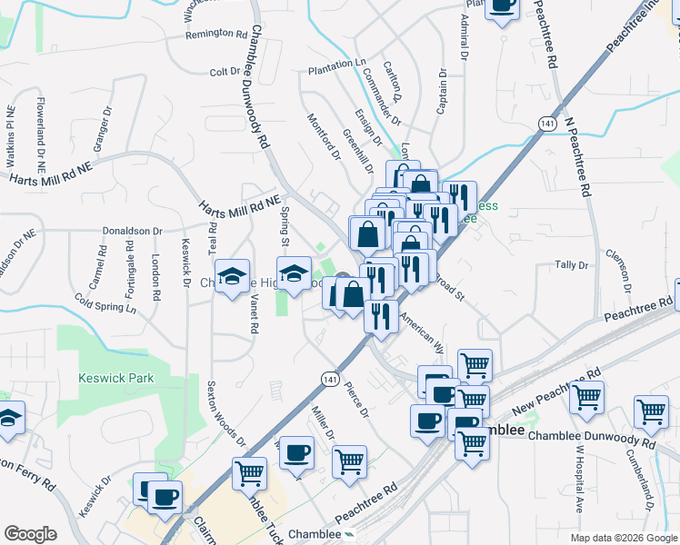 map of restaurants, bars, coffee shops, grocery stores, and more near 3688 Chamblee Dunwoody Road in Chamblee