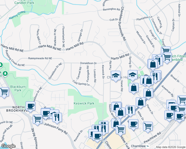 map of restaurants, bars, coffee shops, grocery stores, and more near 3642 London Road in Chamblee