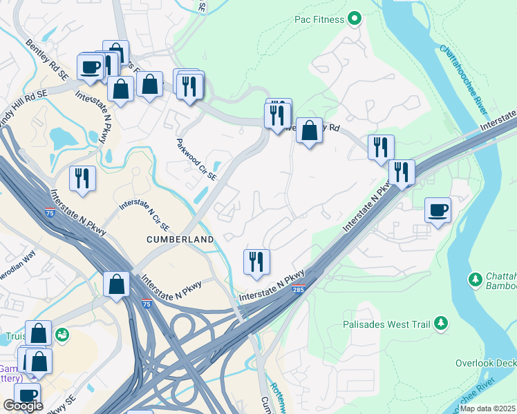 map of restaurants, bars, coffee shops, grocery stores, and more near 3303 Shadowood Parkway in Atlanta