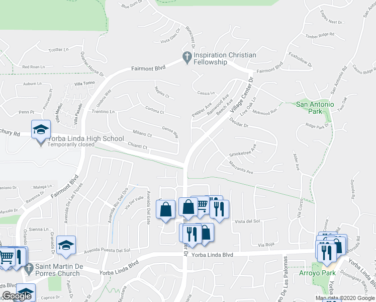 map of restaurants, bars, coffee shops, grocery stores, and more near 4341 Pepper Avenue in Yorba Linda