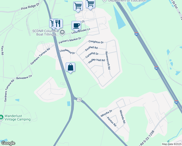 map of restaurants, bars, coffee shops, grocery stores, and more near 232 Lloydwood Drive in West Columbia