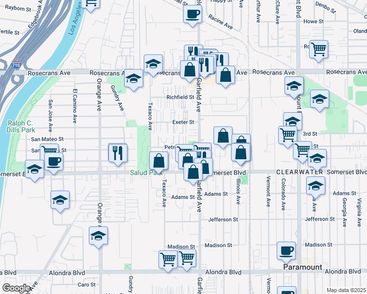 map of restaurants, bars, coffee shops, grocery stores, and more near Petrol Street in Paramount