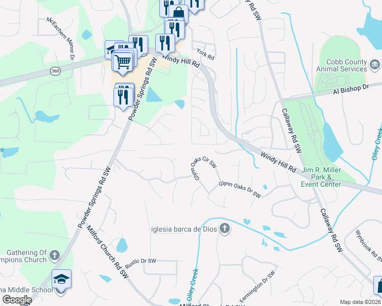 map of restaurants, bars, coffee shops, grocery stores, and more near 2351 Rose Court in Marietta