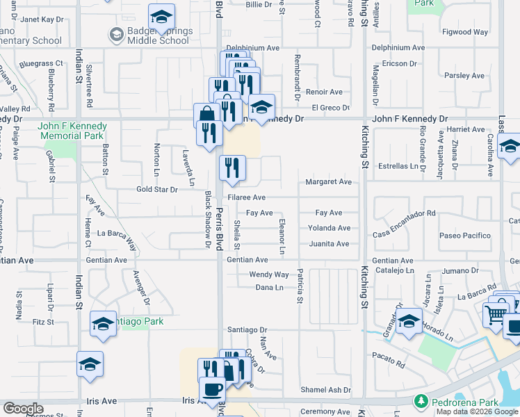 map of restaurants, bars, coffee shops, grocery stores, and more near 25165 Filaree Avenue in Moreno Valley