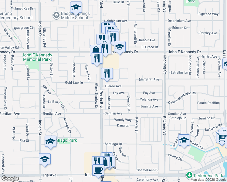 map of restaurants, bars, coffee shops, grocery stores, and more near 25071 Filaree Avenue in Moreno Valley