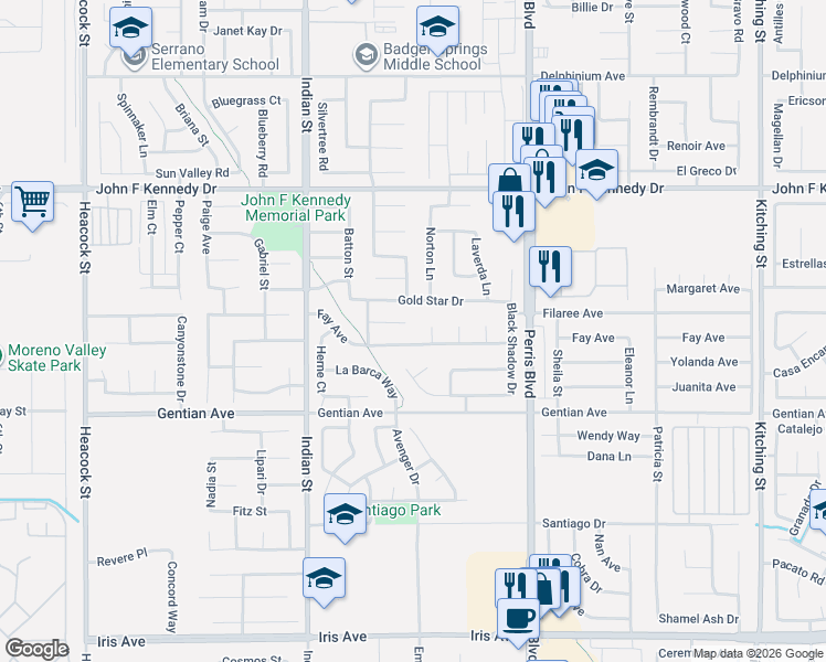 map of restaurants, bars, coffee shops, grocery stores, and more near 24742 Talbot Court in Moreno Valley
