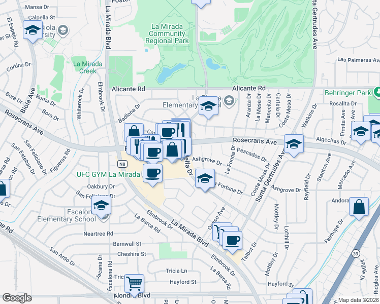 map of restaurants, bars, coffee shops, grocery stores, and more near 14713 Ocaso Avenue in La Mirada
