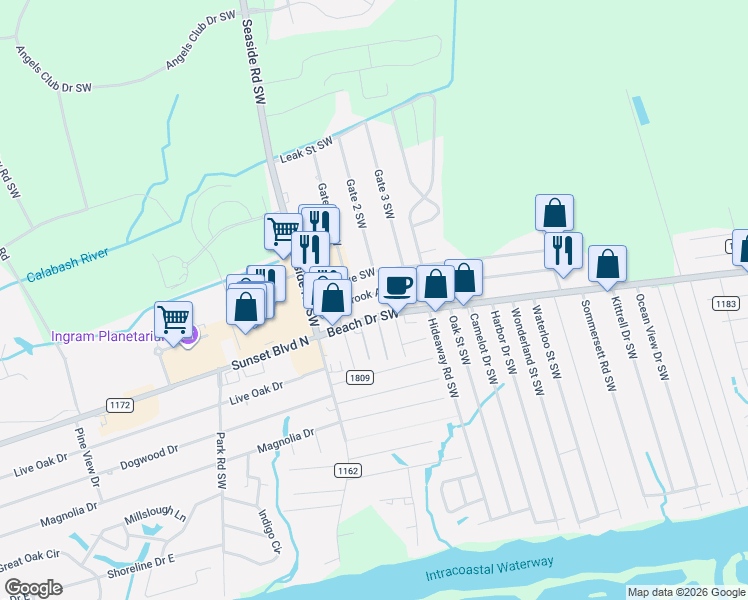 map of restaurants, bars, coffee shops, grocery stores, and more near 7220 Westbrook Avenue Southwest in Ocean Isle Beach