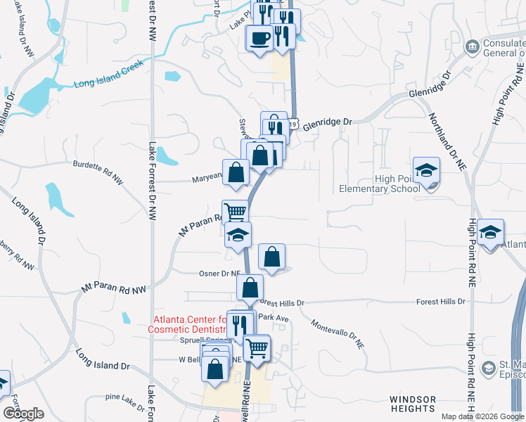 map of restaurants, bars, coffee shops, grocery stores, and more near 220 Beachland Drive Northeast in Atlanta