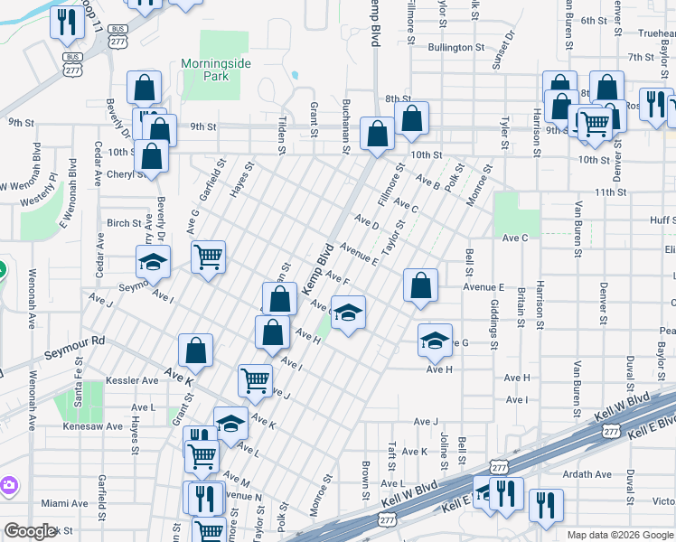 map of restaurants, bars, coffee shops, grocery stores, and more near 1510 Fillmore Street in Wichita Falls