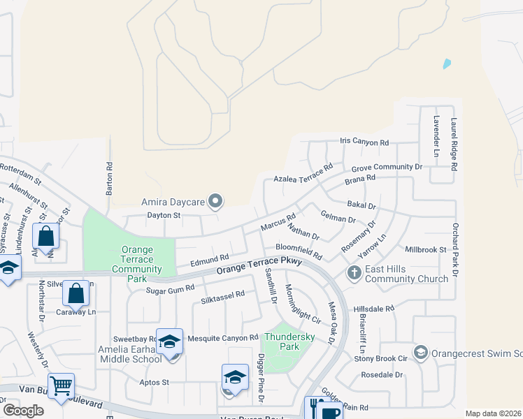 map of restaurants, bars, coffee shops, grocery stores, and more near 8359 Clover Creek Road in Riverside