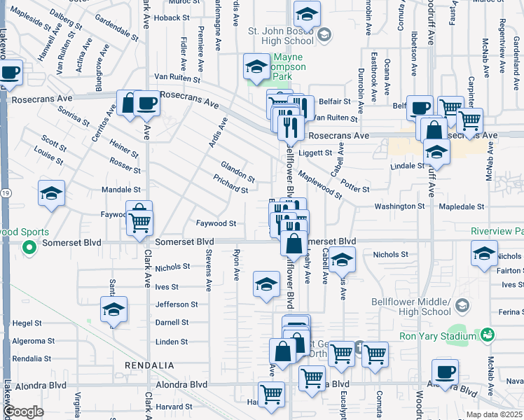 map of restaurants, bars, coffee shops, grocery stores, and more near 14707 Blaine Avenue in Bellflower