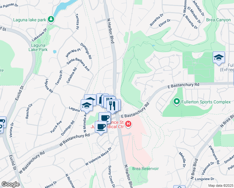 map of restaurants, bars, coffee shops, grocery stores, and more near North Harbor Boulevard in Fullerton