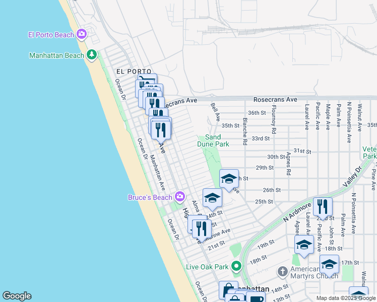 map of restaurants, bars, coffee shops, grocery stores, and more near 436 32nd Street in Manhattan Beach