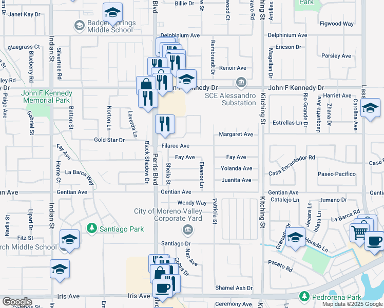 map of restaurants, bars, coffee shops, grocery stores, and more near 25176 Fay Avenue in Moreno Valley