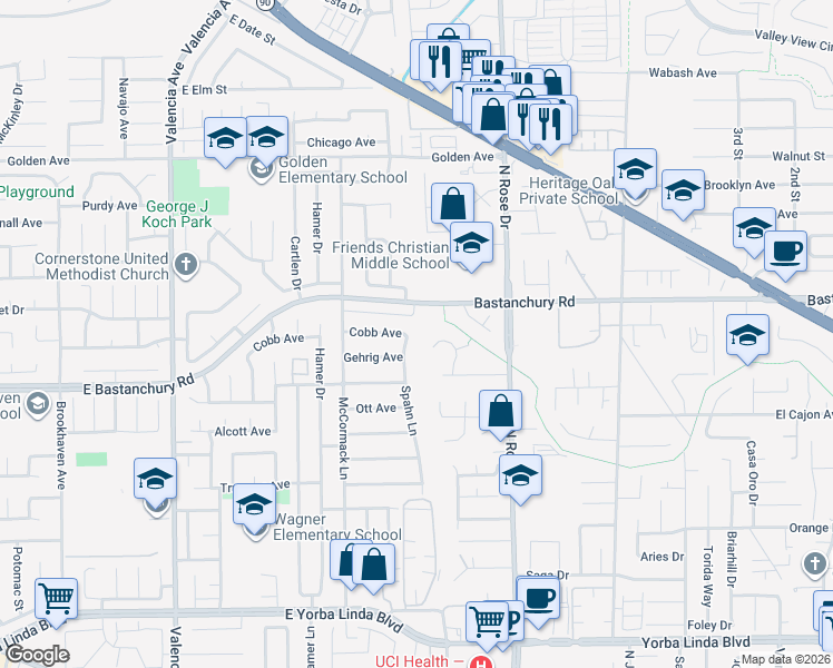 map of restaurants, bars, coffee shops, grocery stores, and more near 1001 Cobb Avenue in Placentia