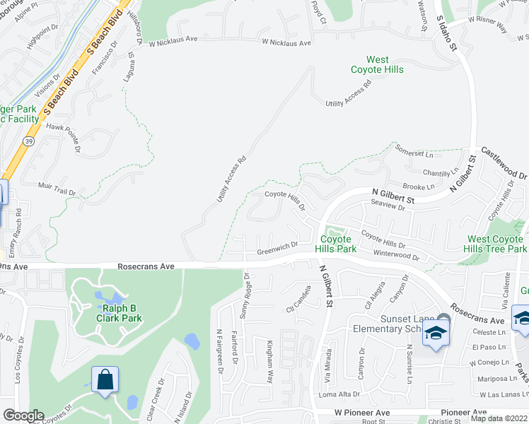 map of restaurants, bars, coffee shops, grocery stores, and more near 2530 Coventry Circle in Fullerton