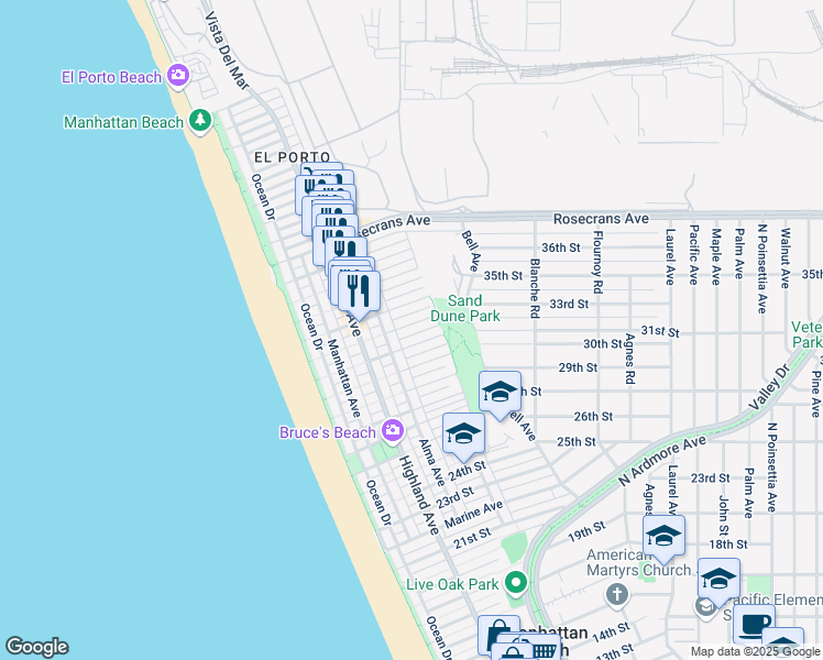 map of restaurants, bars, coffee shops, grocery stores, and more near 436 32nd Street in Manhattan Beach