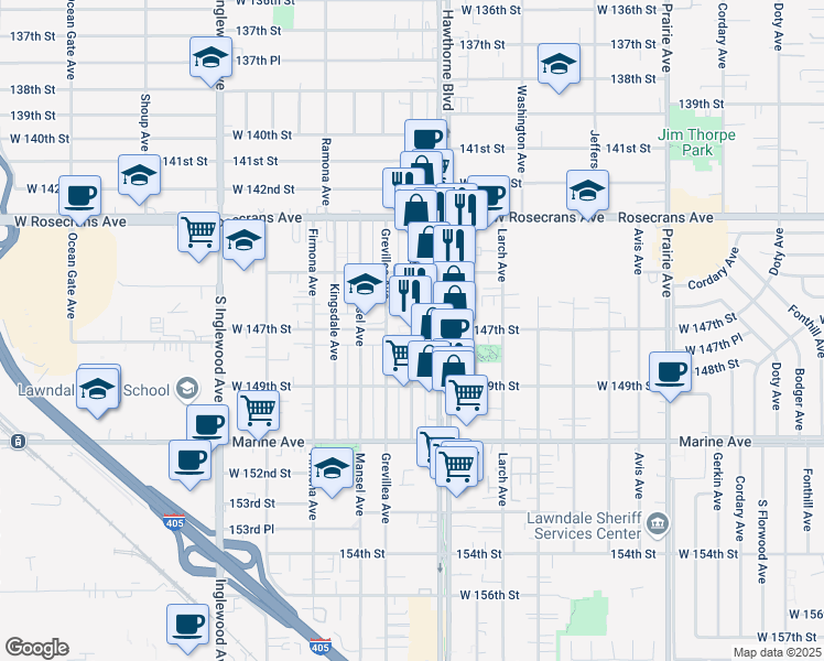 map of restaurants, bars, coffee shops, grocery stores, and more near 14700 Burin Avenue in Lawndale
