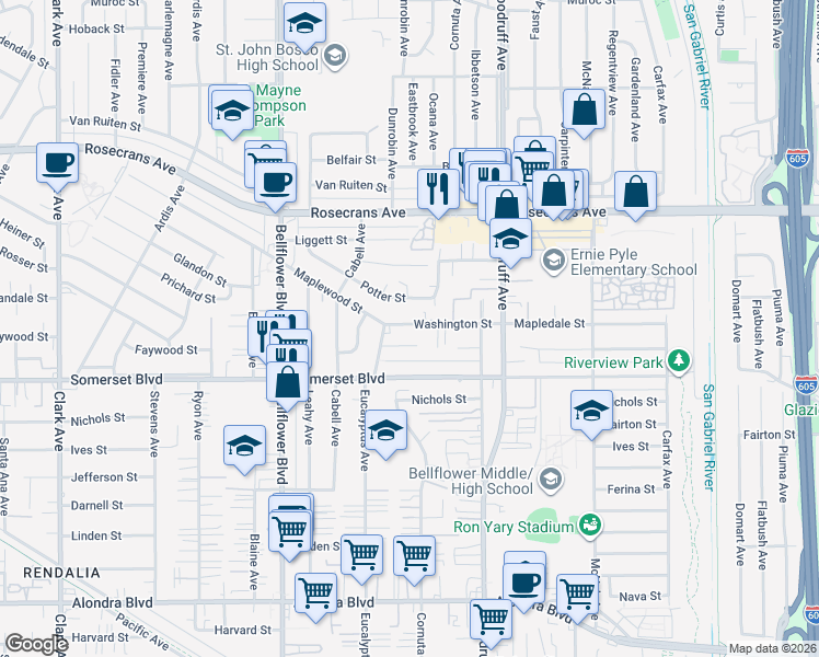map of restaurants, bars, coffee shops, grocery stores, and more near 10028 Washington Street in Bellflower