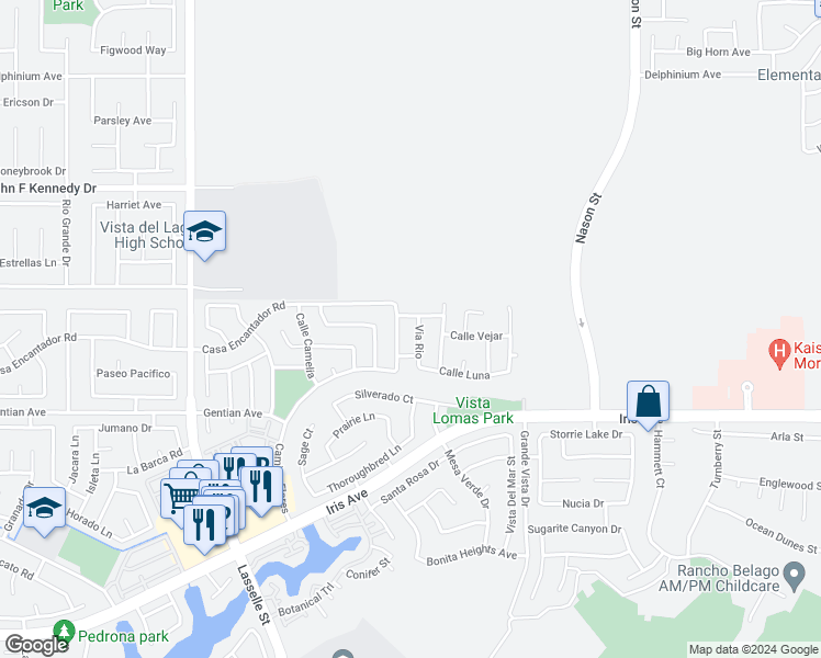 map of restaurants, bars, coffee shops, grocery stores, and more near 15333 Via Rio in Moreno Valley