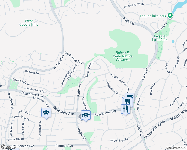 map of restaurants, bars, coffee shops, grocery stores, and more near 2373 Camino Rey in Fullerton