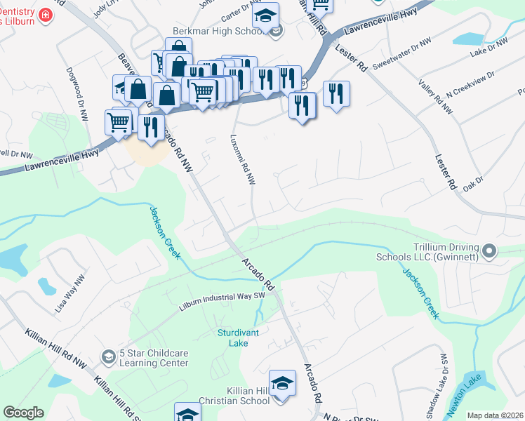 map of restaurants, bars, coffee shops, grocery stores, and more near 4115 Landress Park Drive Northwest in Lilburn