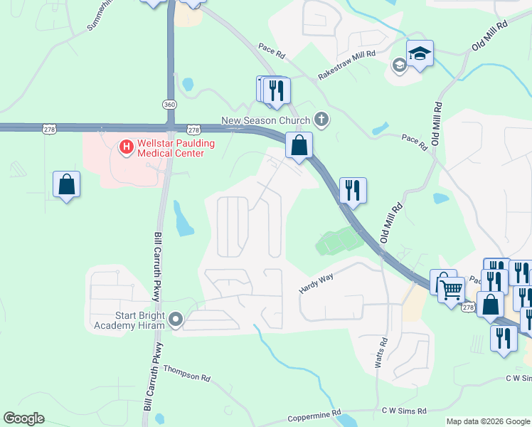 map of restaurants, bars, coffee shops, grocery stores, and more near 473 Highland Falls Drive in Hiram