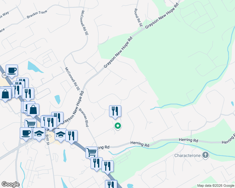 map of restaurants, bars, coffee shops, grocery stores, and more near 2140 Grayfield Drive in Grayson