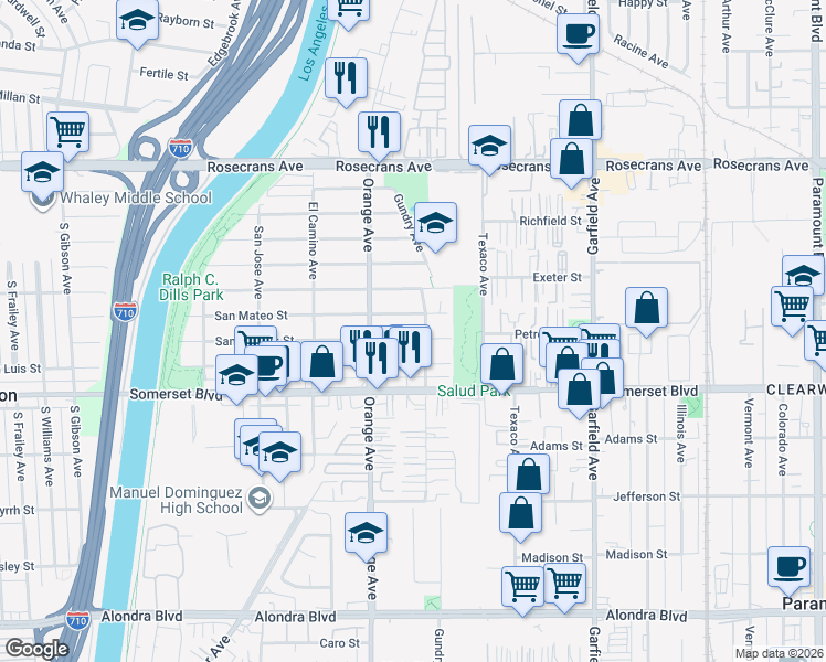 map of restaurants, bars, coffee shops, grocery stores, and more near 7047 San Marcus Street in Paramount