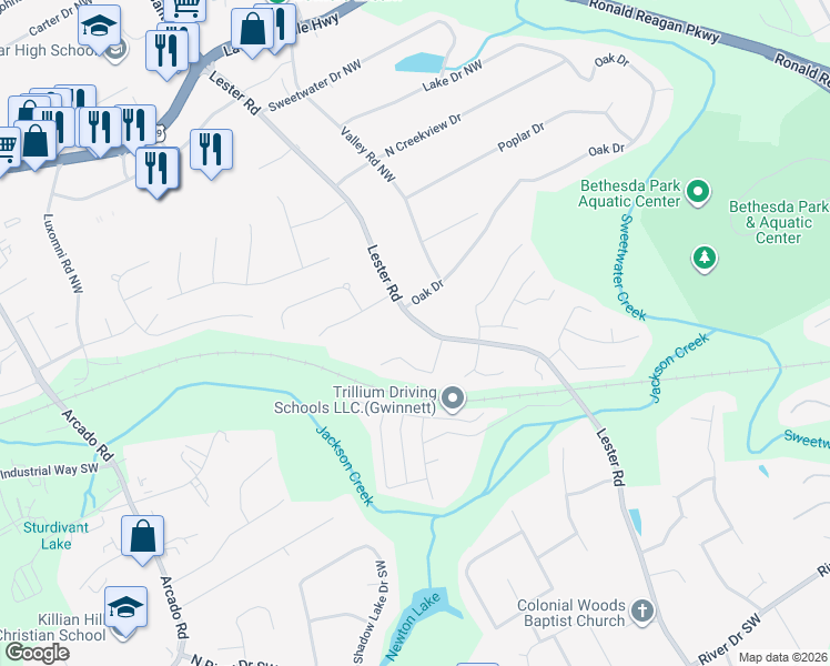 map of restaurants, bars, coffee shops, grocery stores, and more near 17 Lester Road Southwest in Lawrenceville