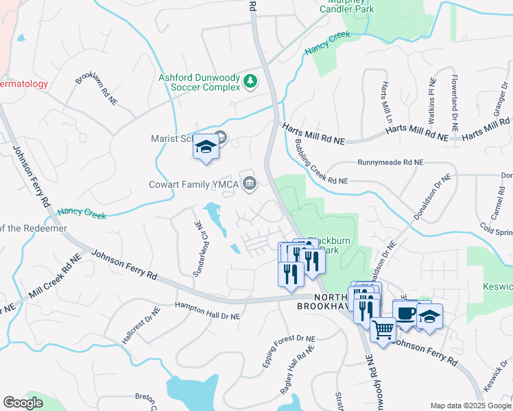 map of restaurants, bars, coffee shops, grocery stores, and more near 3650 Ashford Dunwoody Road Northeast in Brookhaven
