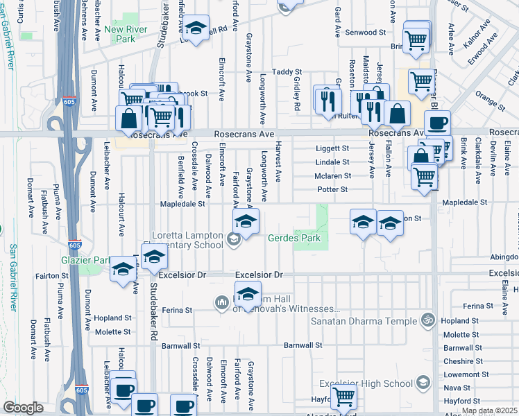map of restaurants, bars, coffee shops, grocery stores, and more near 11266 Mapledale Street in Norwalk