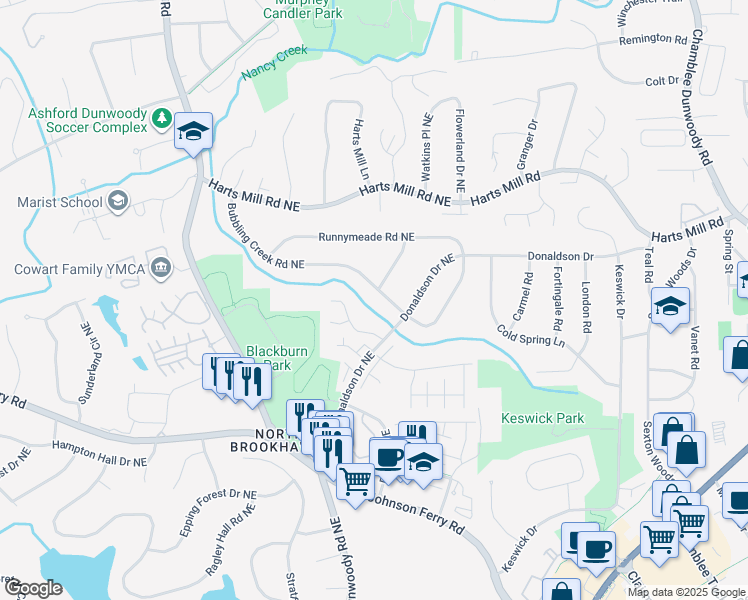 map of restaurants, bars, coffee shops, grocery stores, and more near 1587 Bubbling Creek Road Northeast in Atlanta