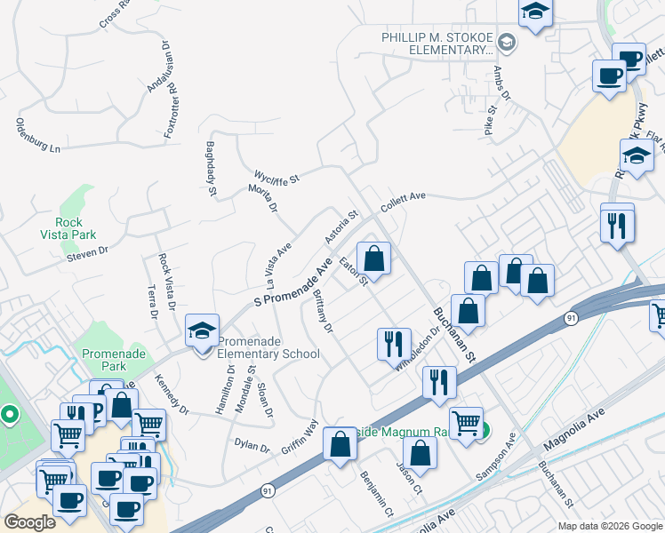map of restaurants, bars, coffee shops, grocery stores, and more near 2961 Coventry Street in Corona
