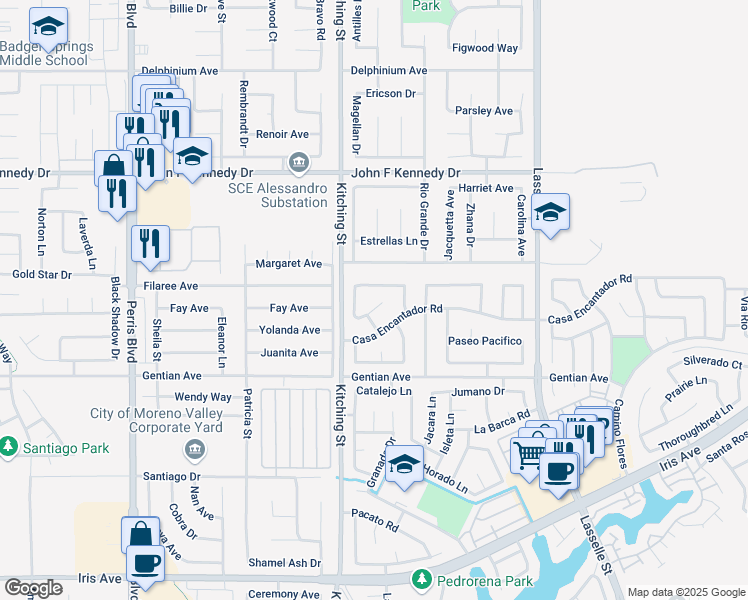 map of restaurants, bars, coffee shops, grocery stores, and more near 25640 Via Carlos Court in Moreno Valley