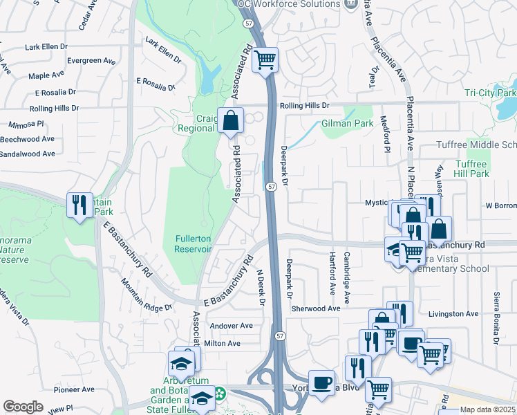 map of restaurants, bars, coffee shops, grocery stores, and more near 2690 Associated Road in Fullerton
