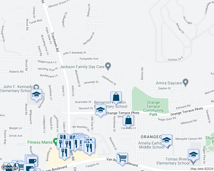 map of restaurants, bars, coffee shops, grocery stores, and more near 8421 Lindenhurst Street in Riverside