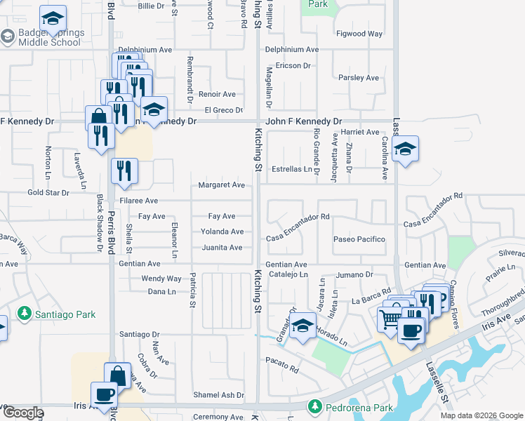 map of restaurants, bars, coffee shops, grocery stores, and more near 15343 Via Alicia Drive in Moreno Valley