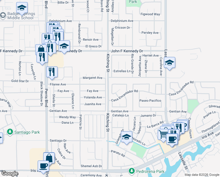 map of restaurants, bars, coffee shops, grocery stores, and more near 15343 Via Alicia Drive in Moreno Valley