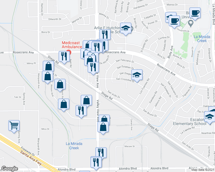 map of restaurants, bars, coffee shops, grocery stores, and more near 14305 San Ardo Drive in La Mirada