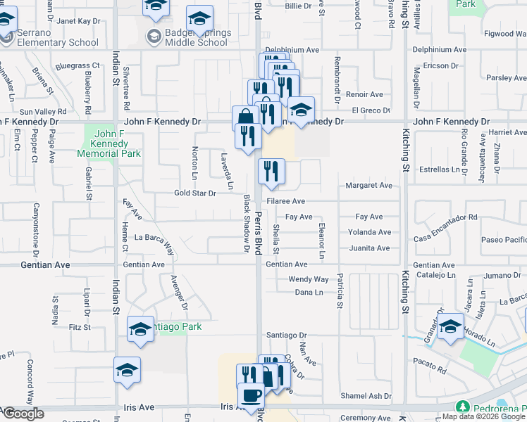 map of restaurants, bars, coffee shops, grocery stores, and more near 15320 Perris Boulevard in Moreno Valley