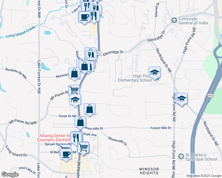 map of restaurants, bars, coffee shops, grocery stores, and more near 465 Belada Boulevard in Atlanta