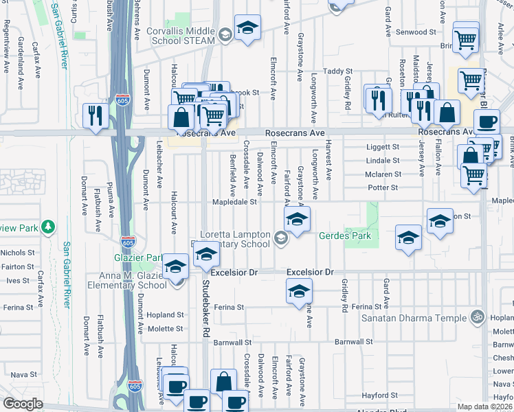 map of restaurants, bars, coffee shops, grocery stores, and more near 14603 Dalwood Avenue in Norwalk