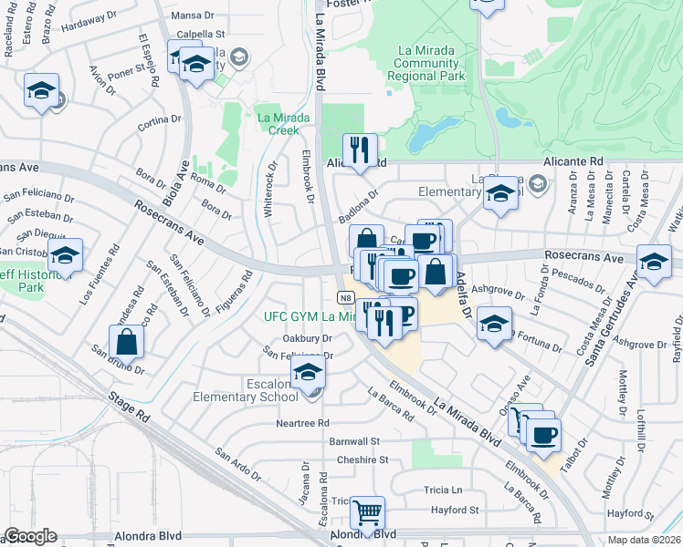 map of restaurants, bars, coffee shops, grocery stores, and more near 14600 La Mirada Boulevard in La Mirada