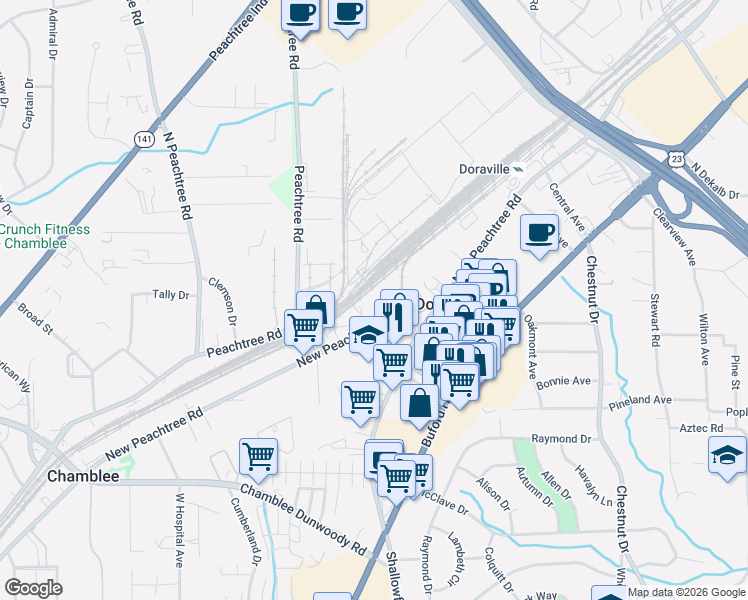 map of restaurants, bars, coffee shops, grocery stores, and more near 5796 New Peachtree Road in Doraville