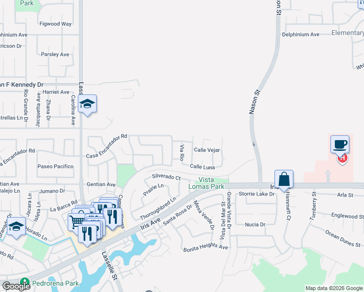 map of restaurants, bars, coffee shops, grocery stores, and more near 26607 Calle Belding in Moreno Valley